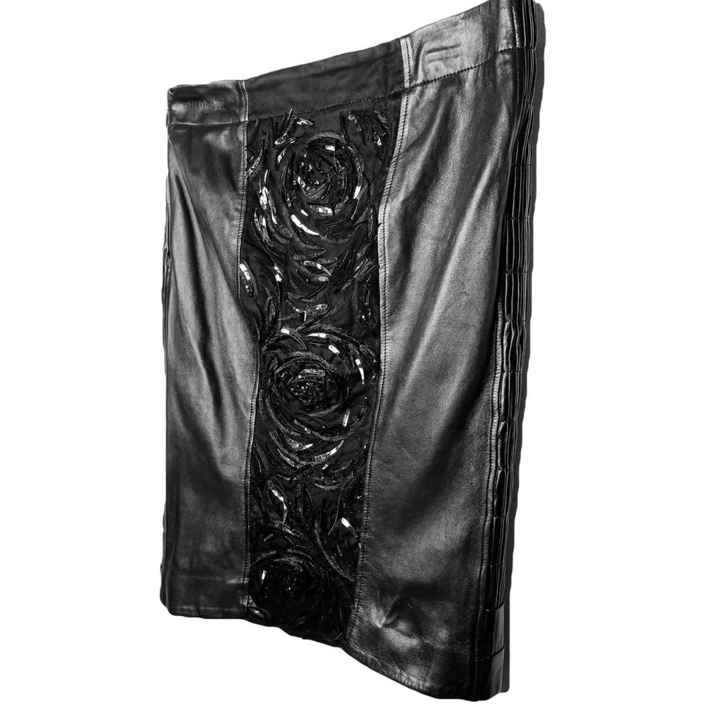 Black GUCCI Genuine Leather & Sequin Rose Skirt